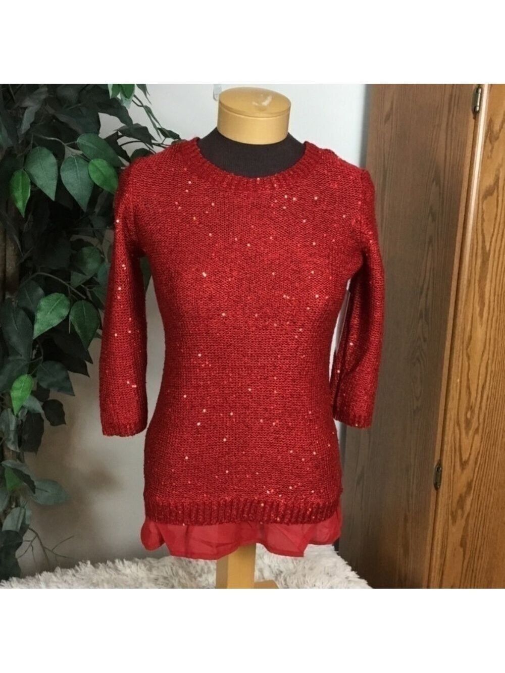 Notations Petite Red Sequin Knit Sweater with Chiffon Hem NWT PXS